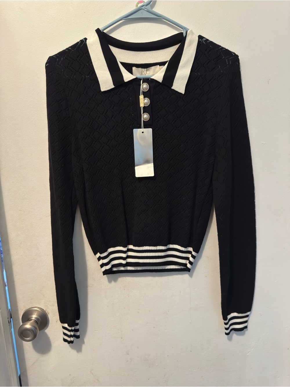 Women's Black Polo Knit Sweater with White Contrast Trim